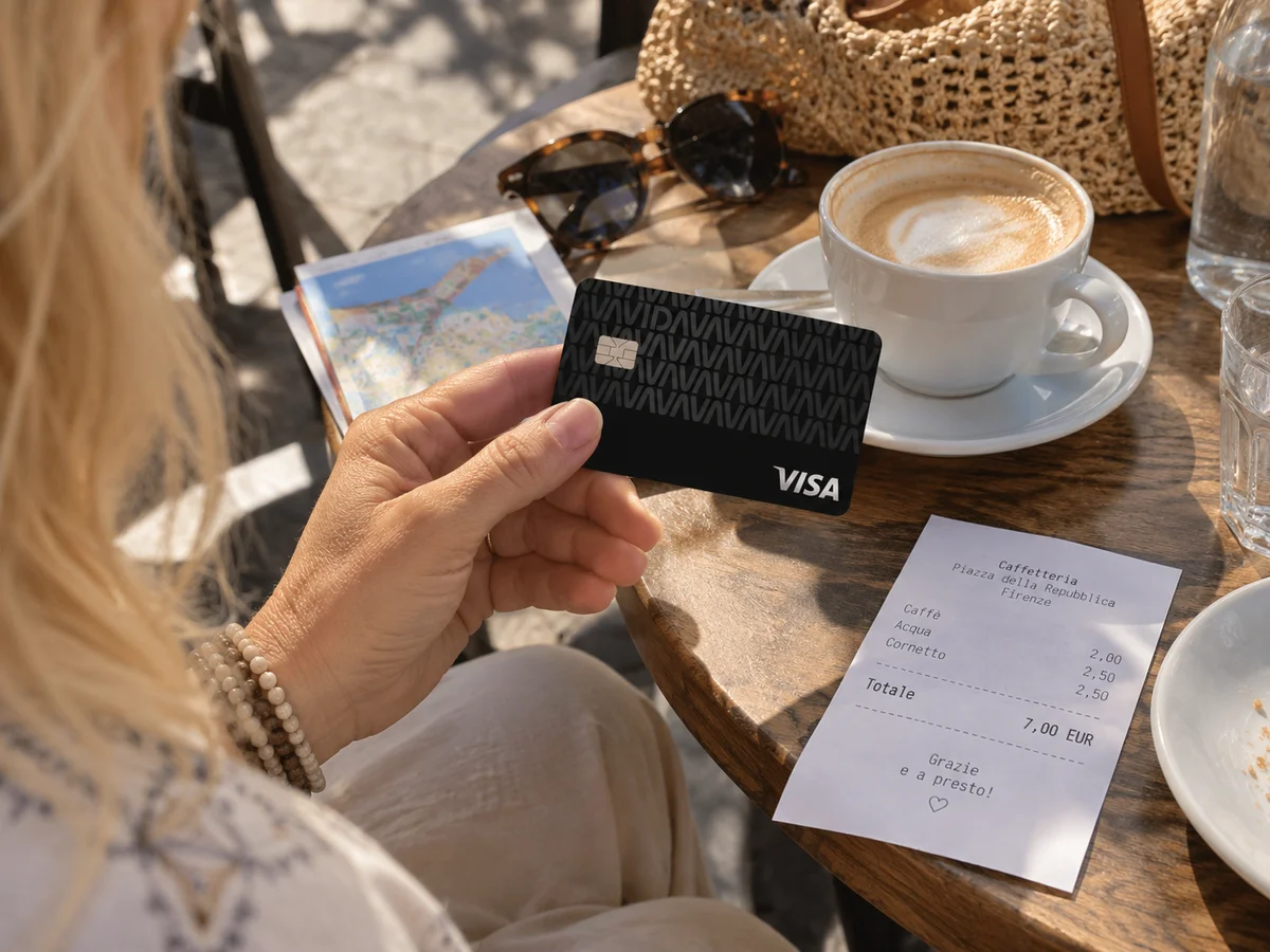 Avida Black hållet vid ett kafébord med cappuccino och kvitto i euro