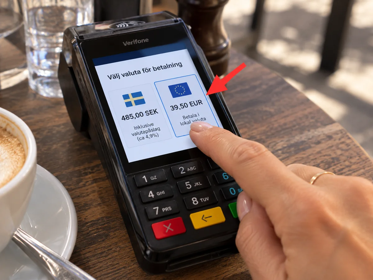Finger trycker på 39,50 EUR i lokal valuta på en kortterminal, med 485 SEK inklusive påslag bredvid