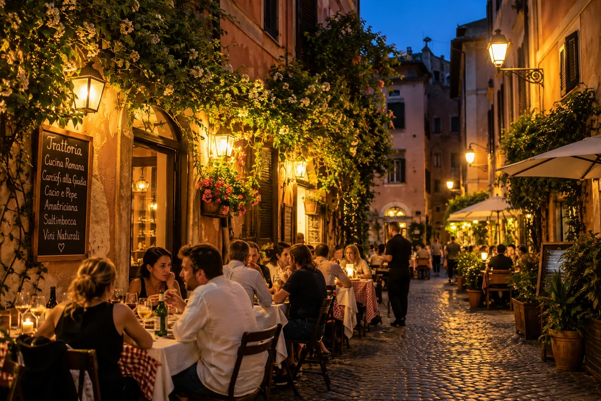 Uteservering på en gränd i Trastevere på kvällen, lyktor och dukade bord